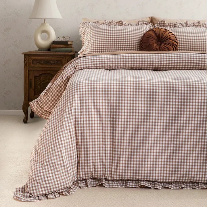Rustic Gingham Duvet Cover with Ruffle - Beige
