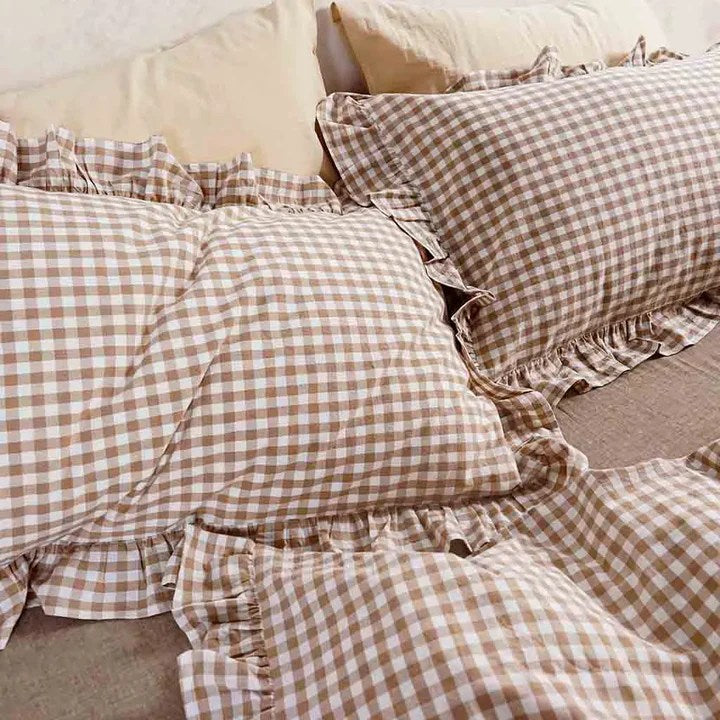 Rustic Gingham Duvet Cover with Ruffle - Beige
