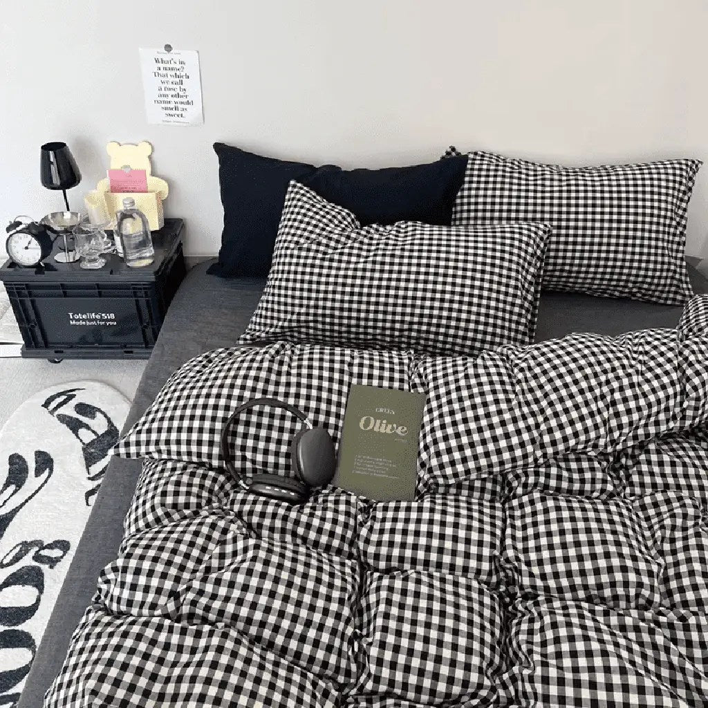 Cotton Small Gingham Duvet Cover Set - Black