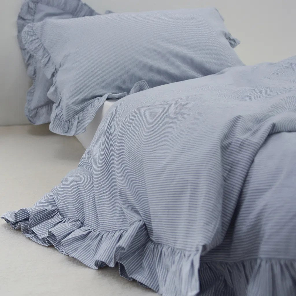 Blue Striped Duvet Cover Set With Ruffle
