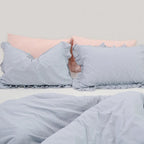 Blue Striped Duvet Cover Set With Ruffle