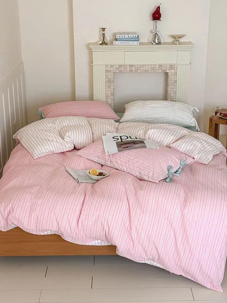 Cotton Contrast Stripe Bedding Set - Soft Pink