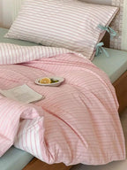 Cotton Contrast Stripe Bedding Set - Soft Pink