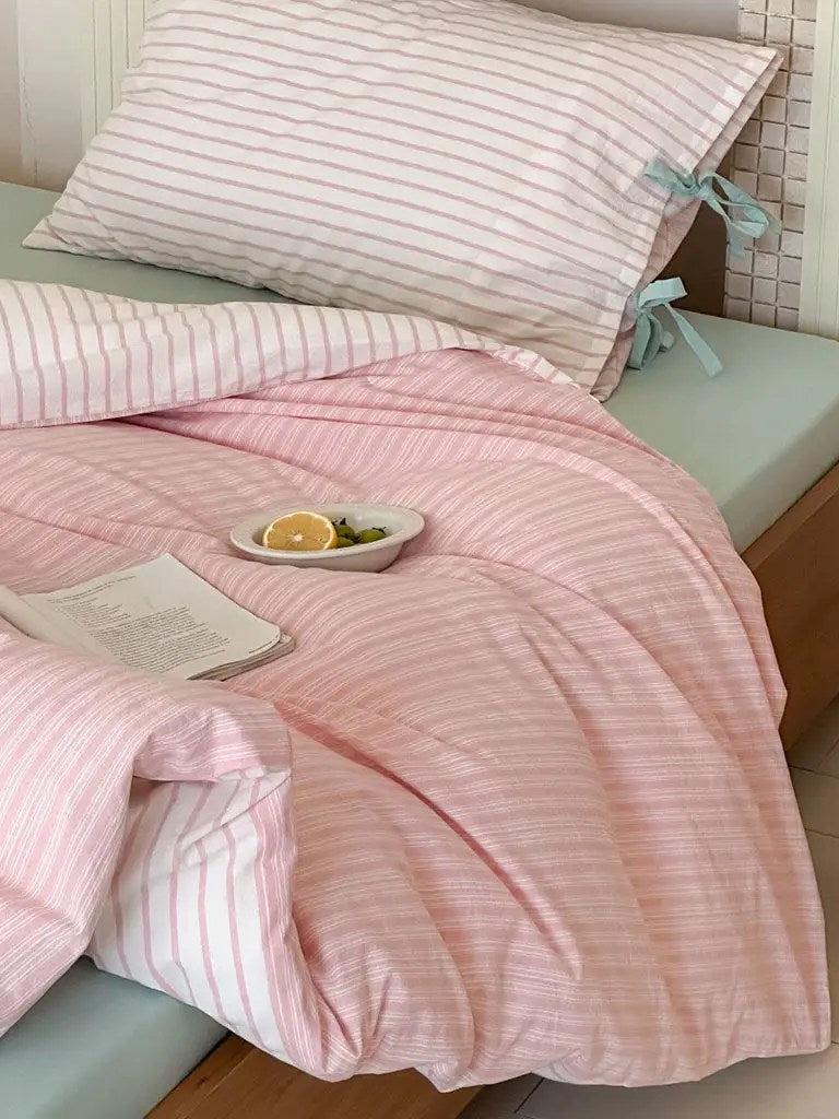 Cotton Contrast Stripe Bedding Set - Soft Pink