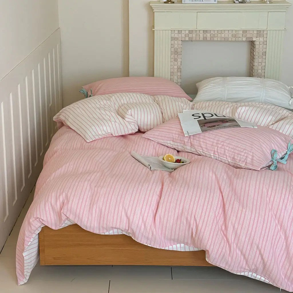 Contrast Stripe Duvet Cover - Soft Pink