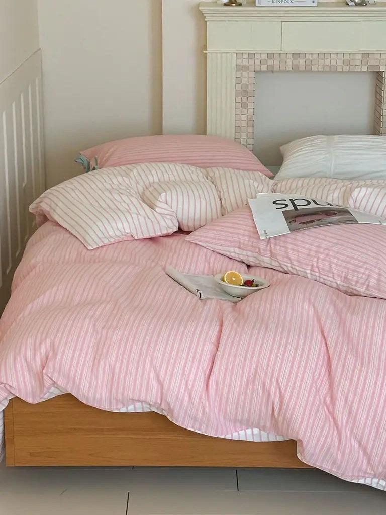 Cotton Contrast Stripe Bedding Set - Soft Pink