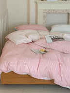 Cotton Contrast Stripe Bedding Set - Soft Pink