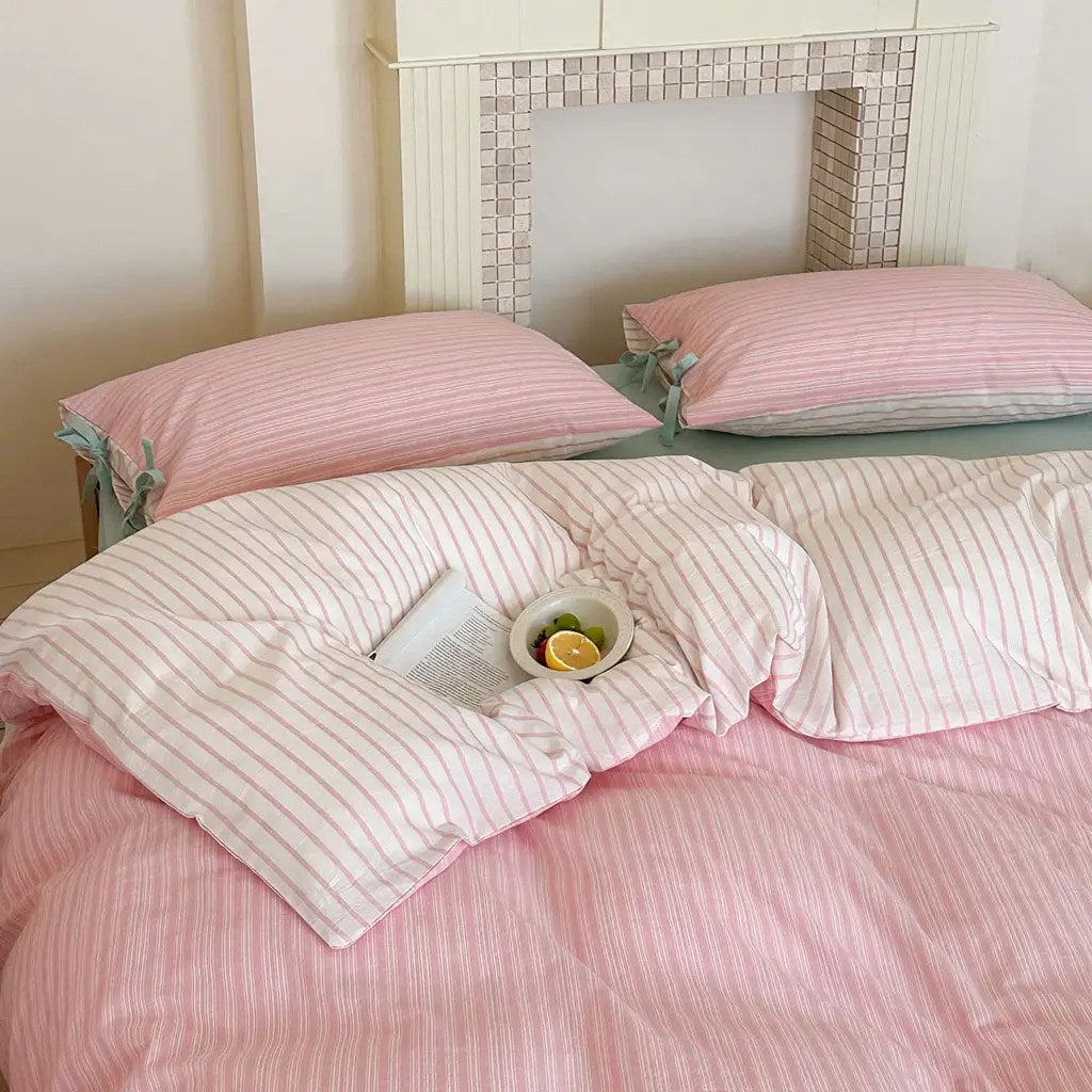 Contrast Stripe Duvet Cover - Soft Pink