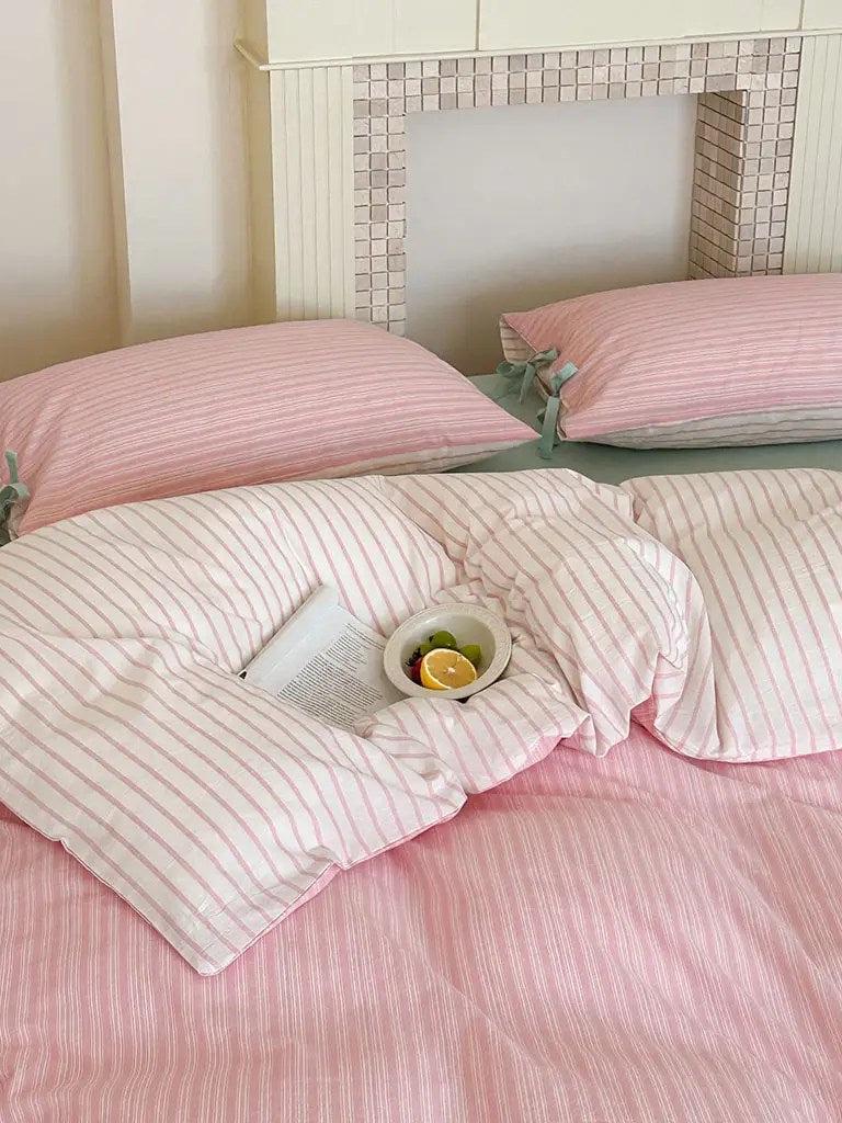 Cotton Contrast Stripe Bedding Set - Soft Pink