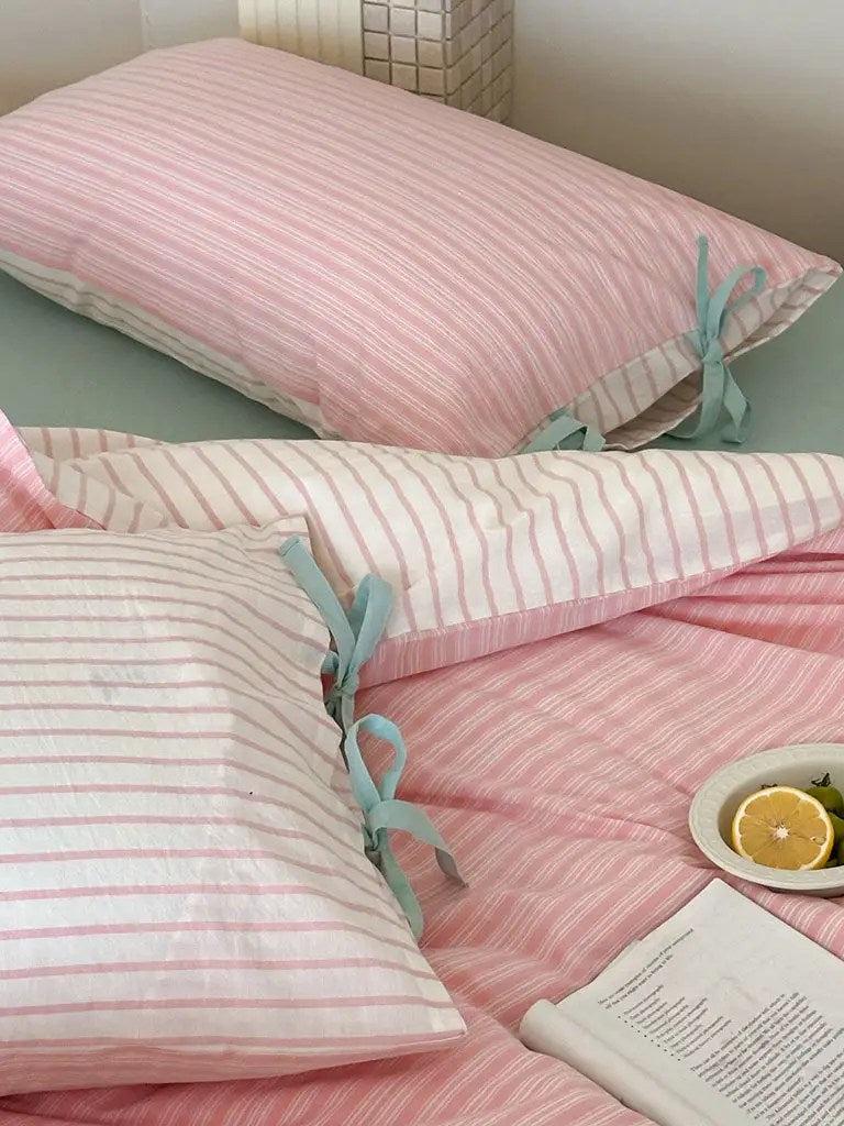 Cotton Contrast Stripe Bedding Set - Soft Pink