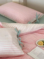 Cotton Contrast Stripe Bedding Set - Soft Pink