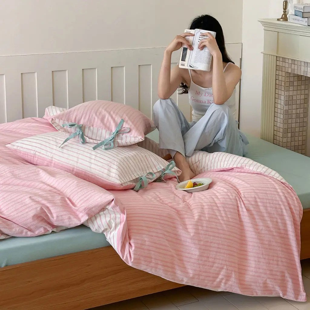 Contrast Stripe Duvet Cover - Soft Pink