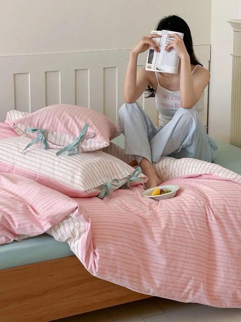 Cotton Contrast Stripe Bedding Set - Soft Pink