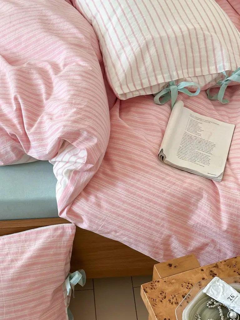 Cotton Contrast Stripe Bedding Set - Soft Pink