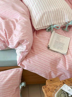 Cotton Contrast Stripe Bedding Set - Soft Pink