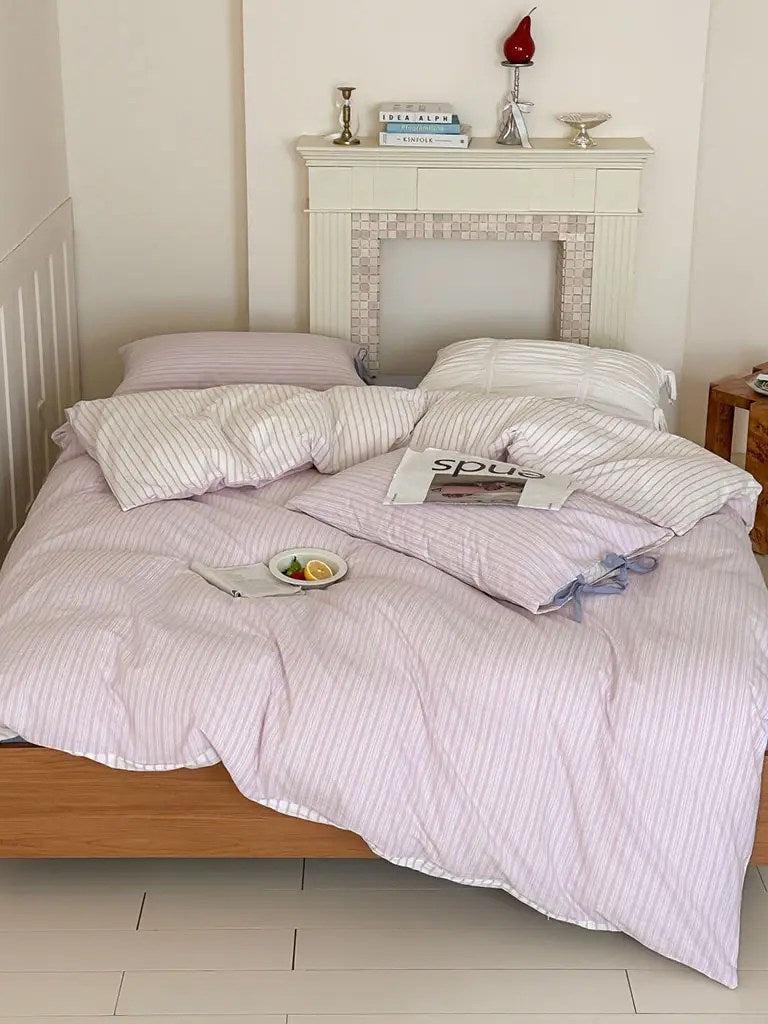 Cotton Contrast Stripe Bedding Set - Lavender