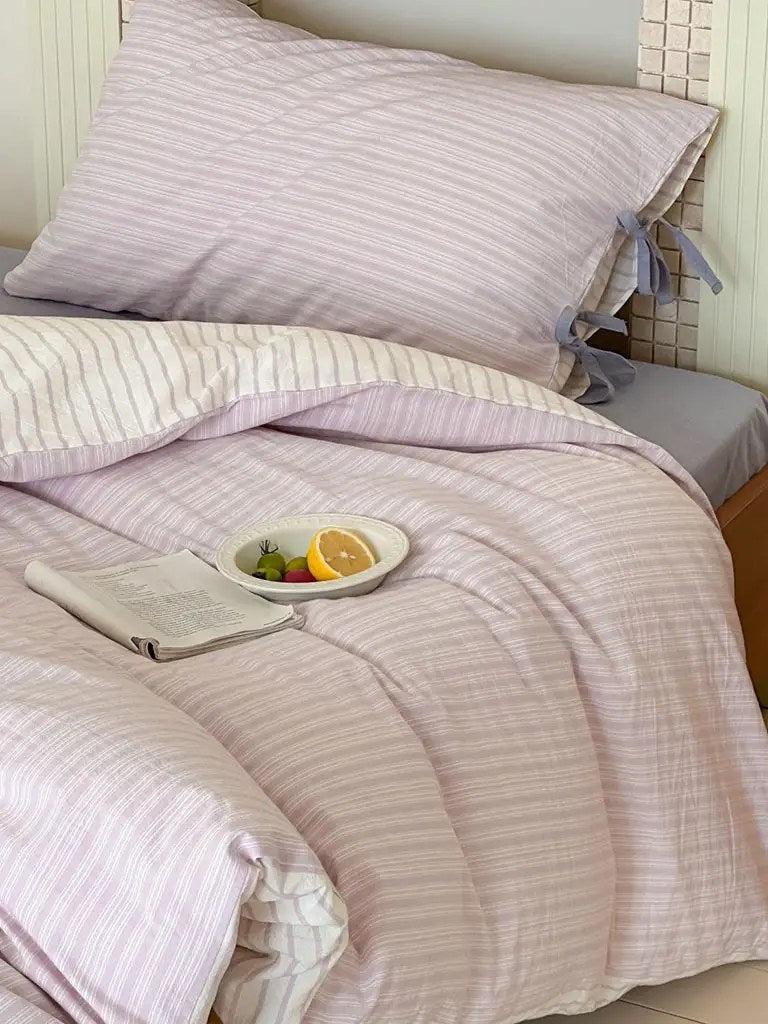 Cotton Contrast Stripe Bedding Set - Lavender