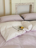 Cotton Contrast Stripe Bedding Set - Lavender