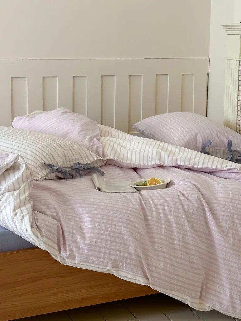 Cotton Contrast Stripe Bedding Set - Lavender