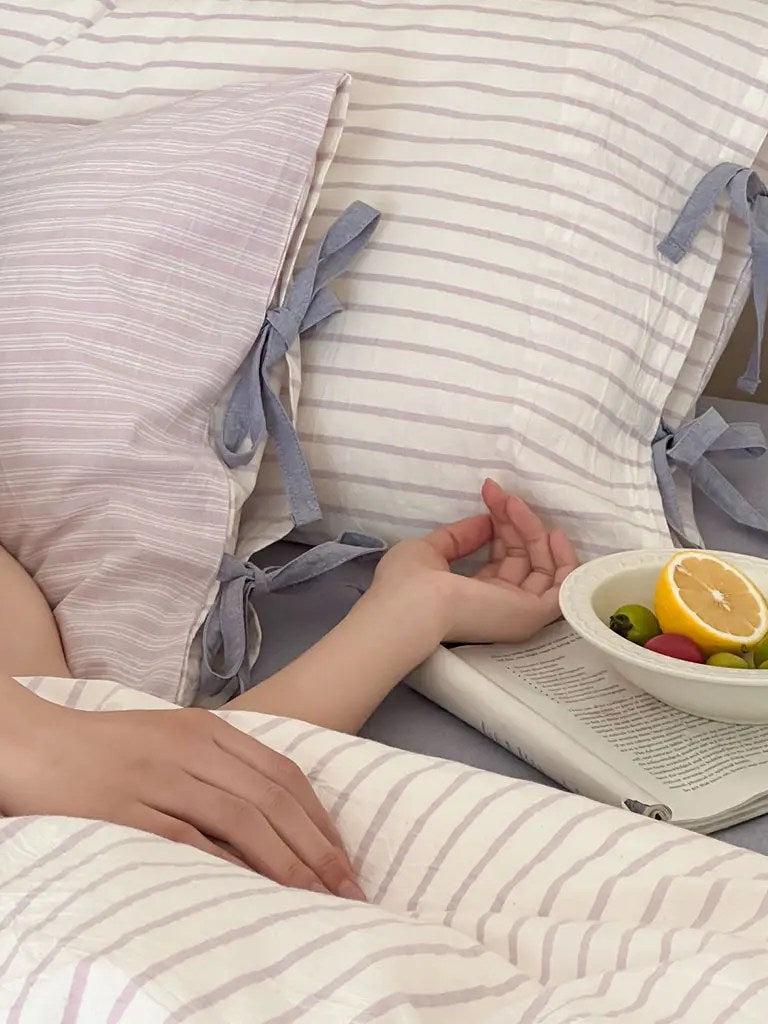 Cotton Contrast Stripe Bedding Set - Lavender