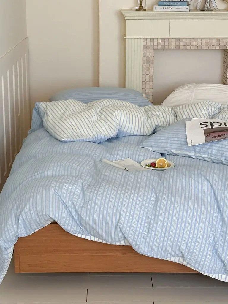 Cotton Contrast Stripe Bedding Set - Ocean