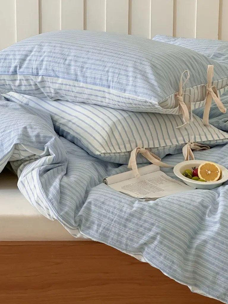 Cotton Contrast Stripe Bedding Set - Ocean