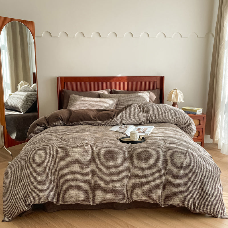 Cotton Houndstooth Jacquard Farmhouse Duvet Cover - Chocolate