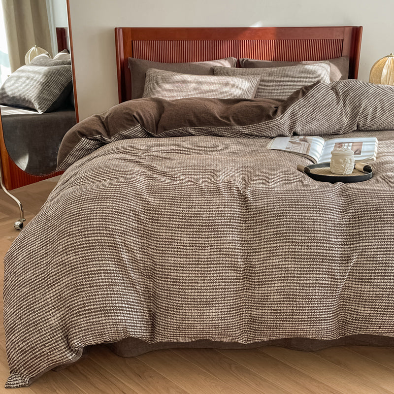 Cotton Houndstooth Jacquard Farmhouse Duvet Cover - Chocolate
