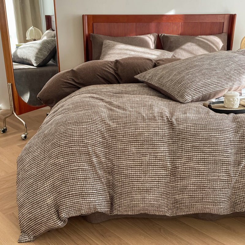 Cotton Houndstooth Jacquard Farmhouse Duvet Cover - Chocolate