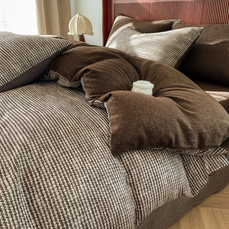 Cotton Houndstooth Jacquard Farmhouse Duvet Cover - Chocolate