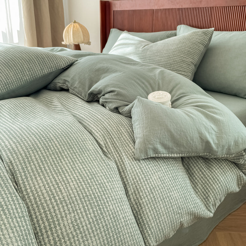 Cotton Houndstooth Jacquard Farmhouse Duvet Cover - Cyan