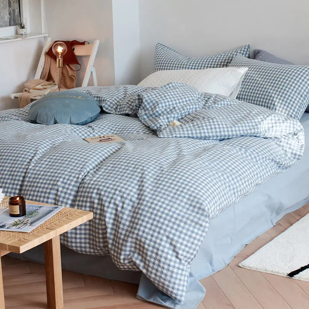 Cotton Small Gingham Duvet Cover Set - Baby Blue