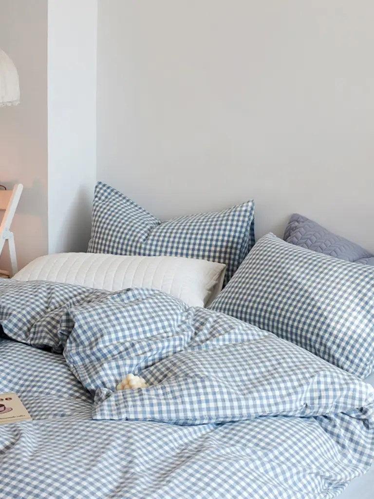 Cotton Small Gingham Bedding Set - Baby Blue