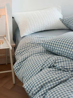Cotton Small Gingham Bedding Set - Baby Blue