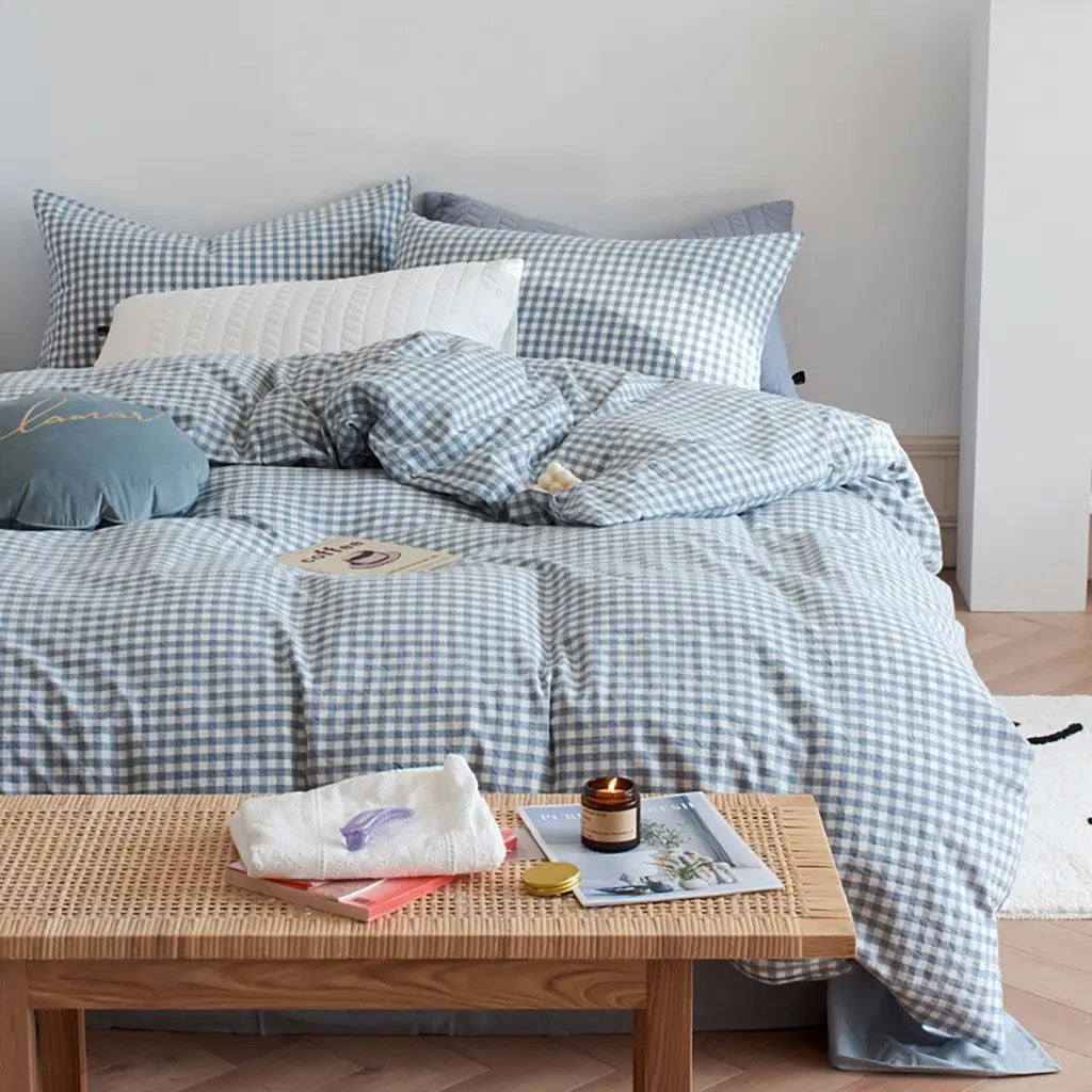 Cotton Small Gingham Duvet Cover Set - Baby Blue