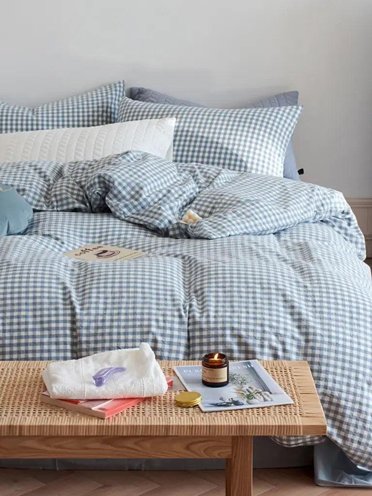 Cotton Small Gingham Bedding Set - Baby Blue