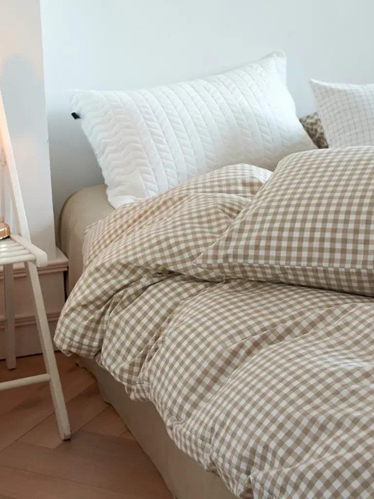 Cotton Small Gingham Bedding Set - Beige