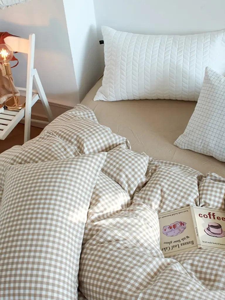 Cotton Small Gingham Bedding Set - Beige