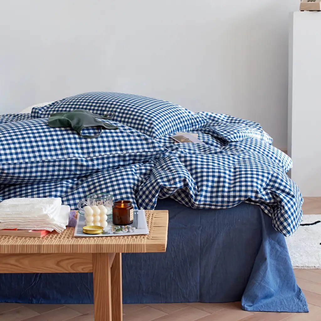 Cotton Small Gingham Duvet Cover Set - Blue