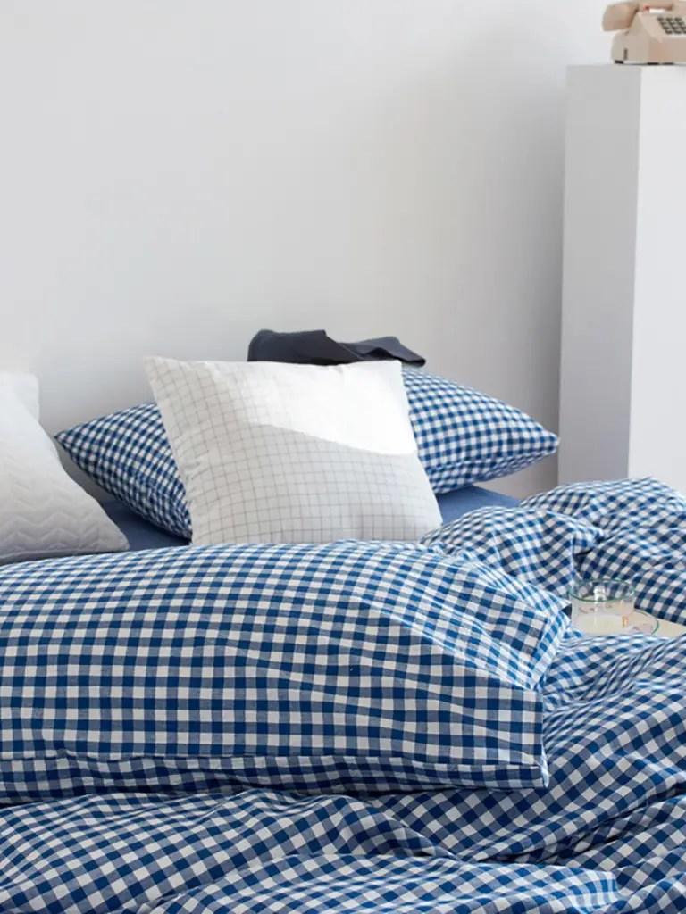 Cotton Small Gingham Bedding Set - Blue