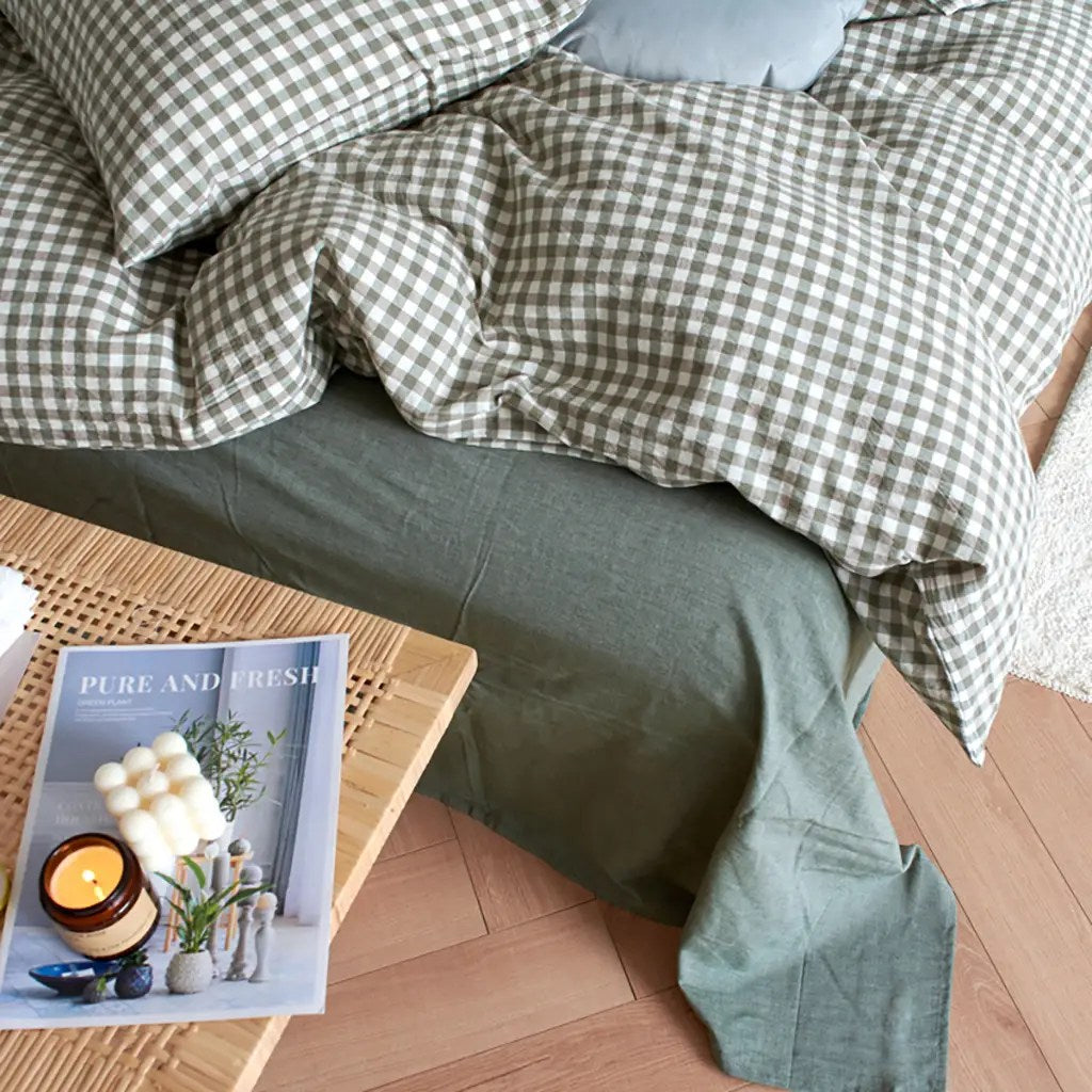 Cotton Small Gingham Duvet Cover Set - Green