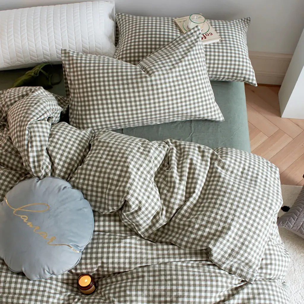 Cotton Small Gingham Duvet Cover Set - Green
