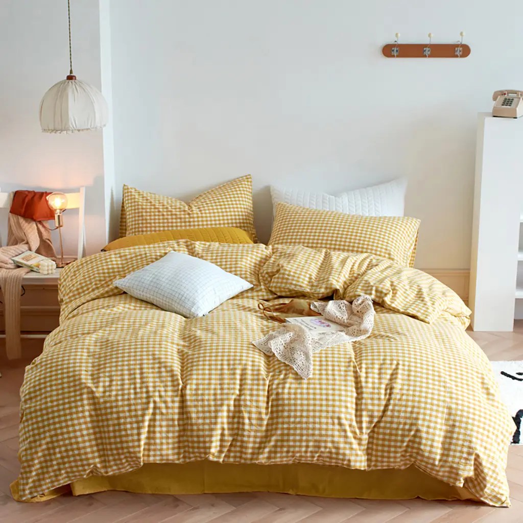 Cotton Small Gingham Duvet Cover Set - Yellow