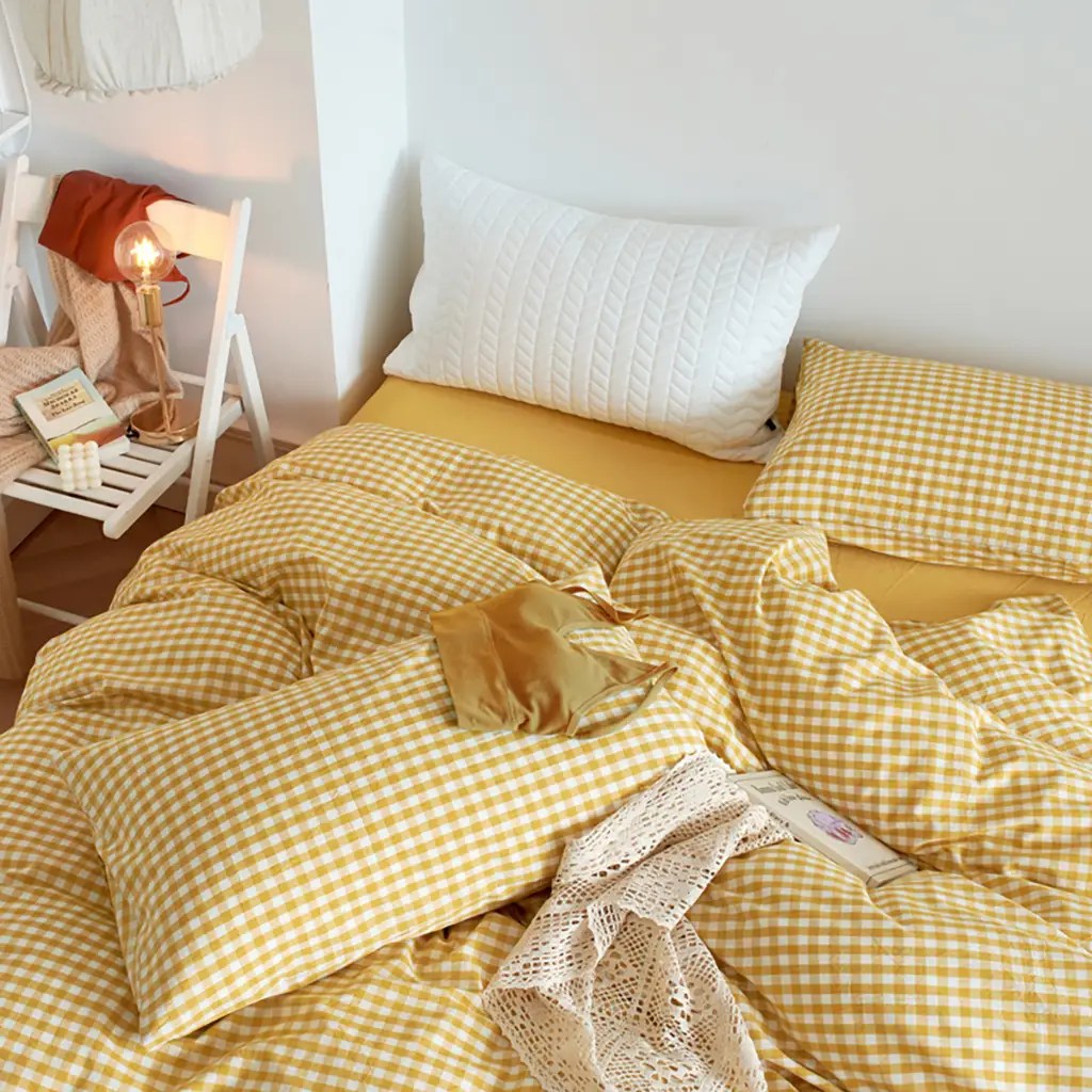 Cotton Small Gingham Duvet Cover Set - Yellow