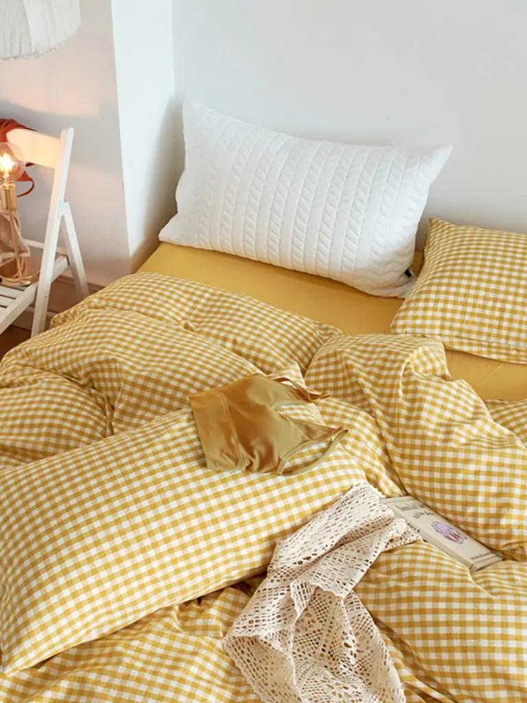Cotton Small Gingham Bedding Set - Yellow