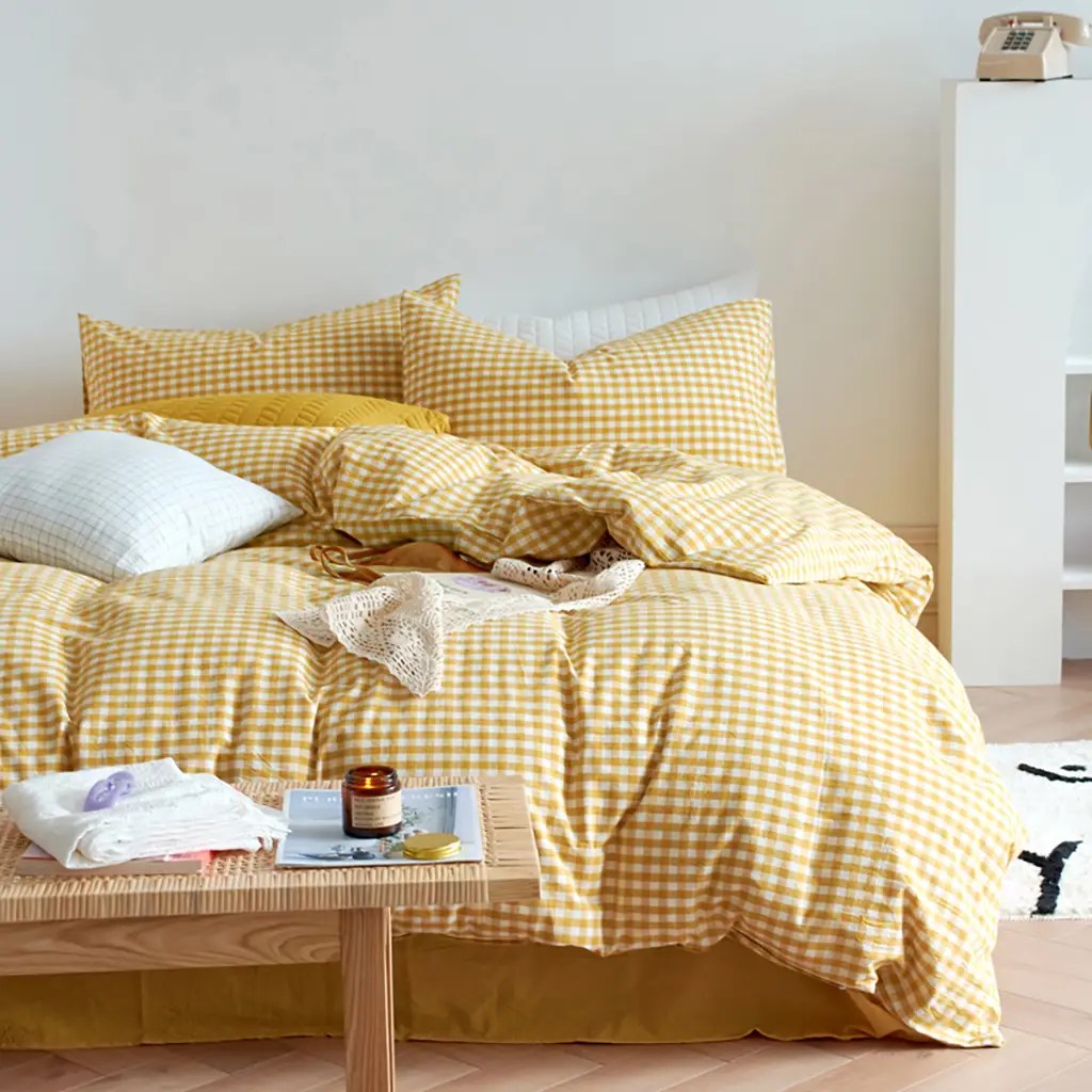 Cotton Small Gingham Duvet Cover Set - Yellow