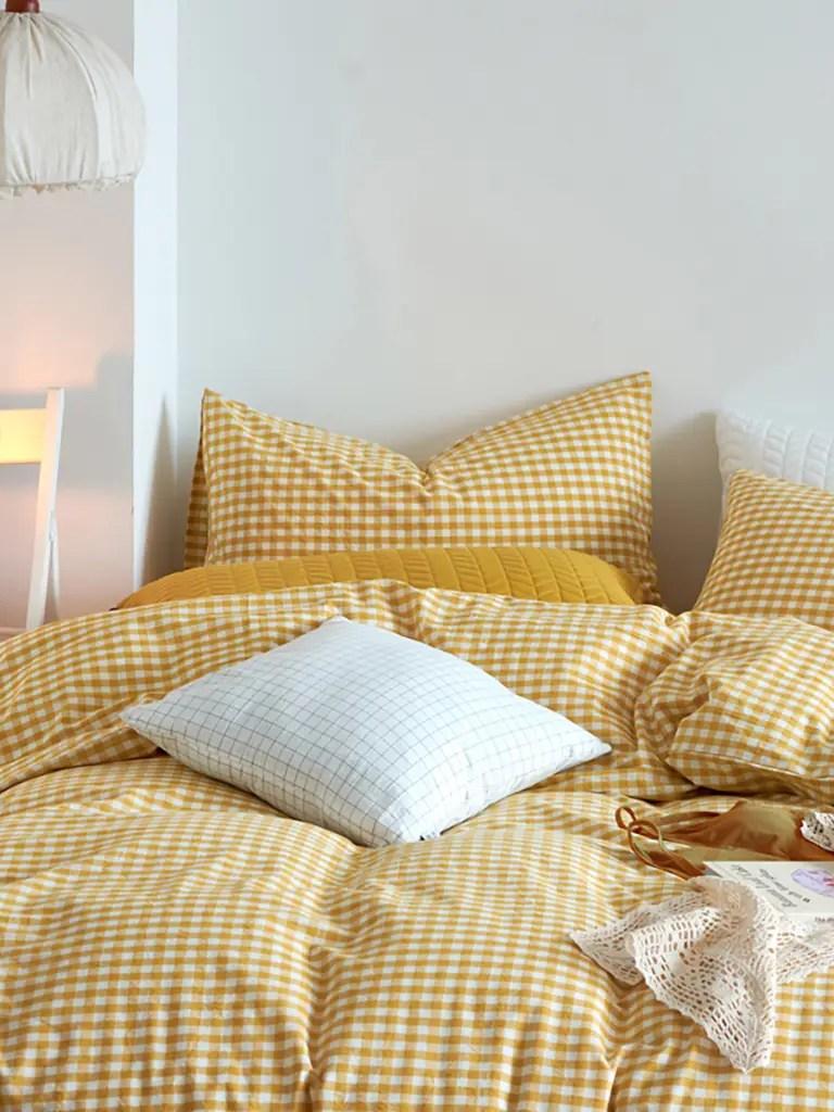 Cotton Small Gingham Bedding Set - Yellow