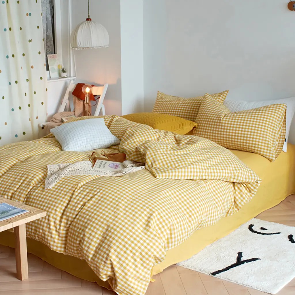 Cotton Small Gingham Duvet Cover Set - Yellow