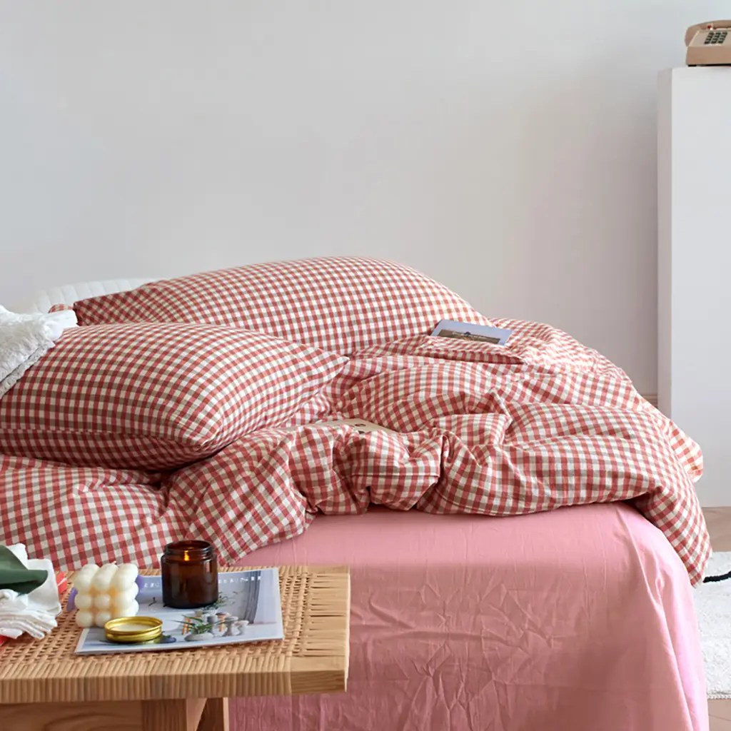Cotton Small Gingham Duvet Cover Set - Red