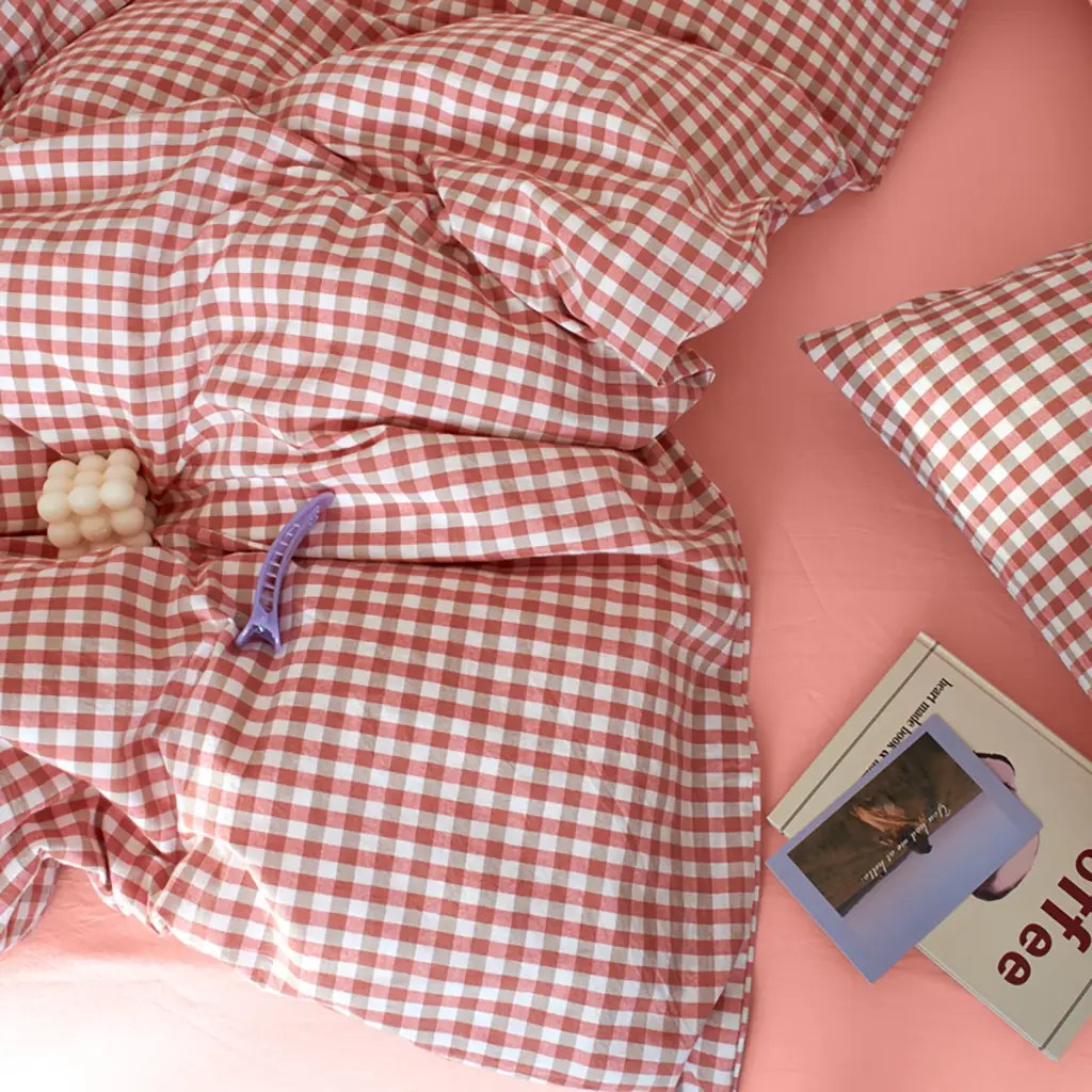 Cotton Small Gingham Duvet Cover Set - Red